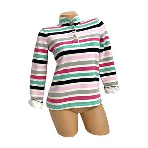 Talbots Women's P Petite Striped Top 100% Cotton Long Sleeve Button Mockneck Tee